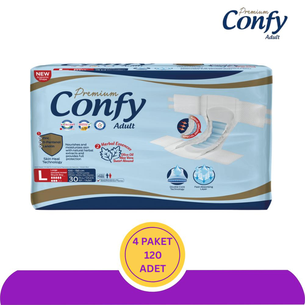 Confy Premium Belbantlı Yetişkin Hasta Bezi Büyük (L) - 120 Adet (4x30)