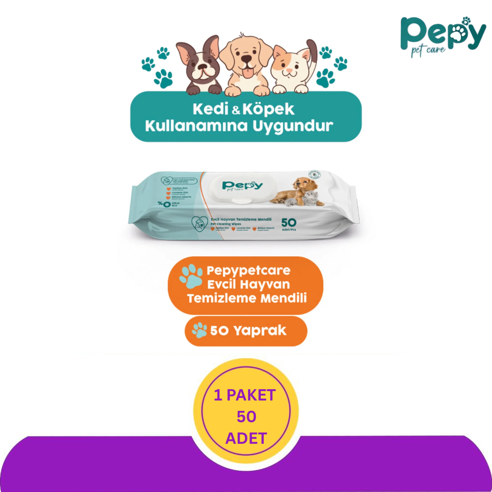 PEPY Kedi Ve Köpek Kullanımına Uygun Evcil Hayvan Temizleme Mendili 1 paket 50 Adet
