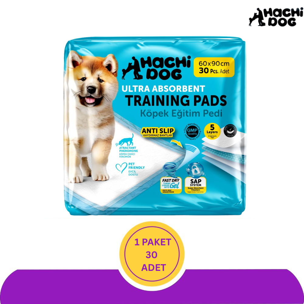 Hachi Dog Köpek Eğitim Pedi 60x90 cm Kaydırmaz Bantlı 5 Katman 30 Adet